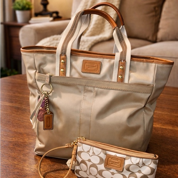 Coach Handbags - Coach vintage 2005 Hamptons leatherware nylon champagne Tote and Wristlet Set